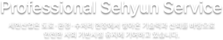 세현산업은 도로·환경·수처리 현장에서 쌓아온 기술력과 신뢰를 바탕으로 안전한 사회 기반시설 유지에 기여하고 있습니다.
